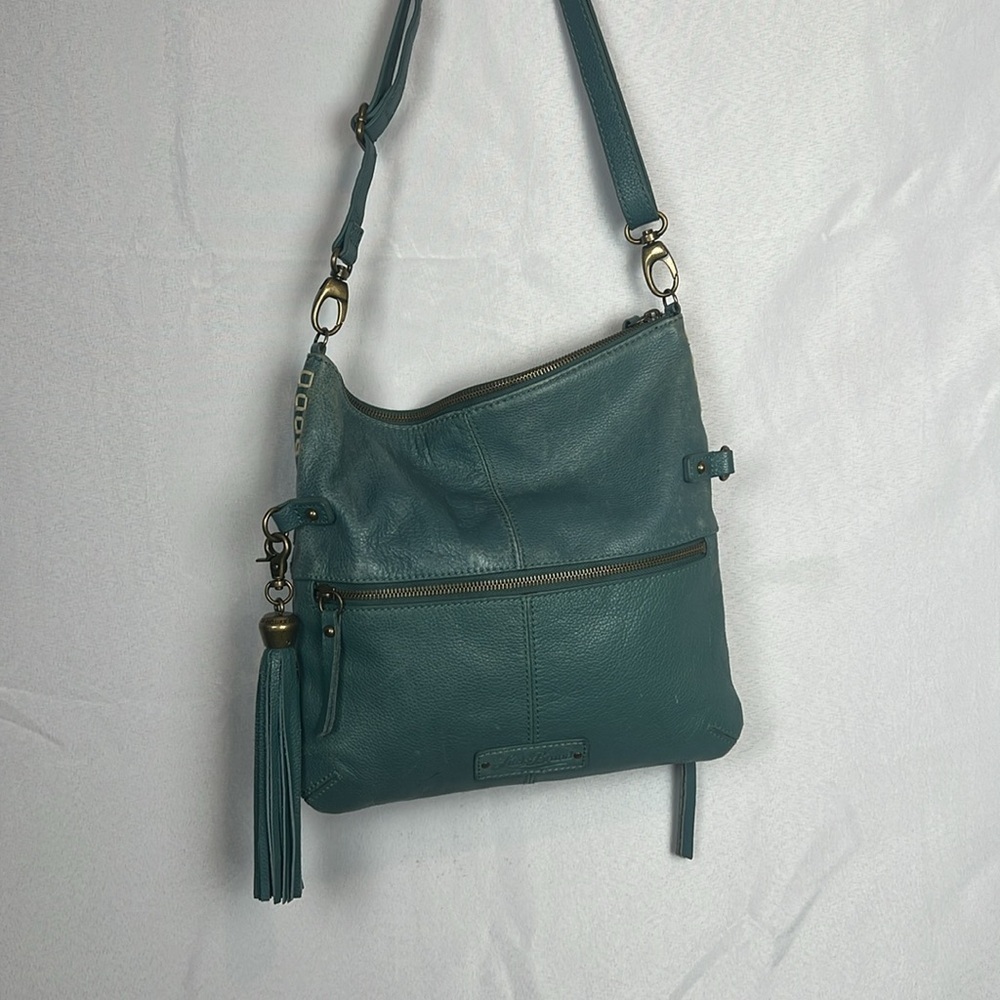Lucky Brand Teal Leather Foldover Crossbody Hobo Bag Boho Fringe Distressed - Picture 12 of 15